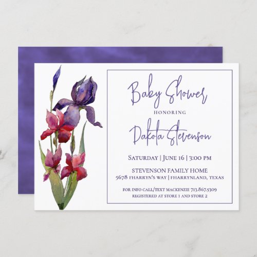 Iris Baby Shower  Royal Violet Purple Flower Invitation
