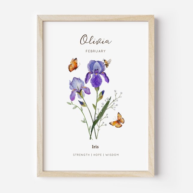 Iris Birth Month Flower Poster (Example of iris birth flower poster once framed. )