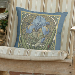 Iris Bleu French Style Art Nouveau Blue Irises Outdoor Pillow
