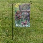 Iris Blooms and Garden Park Bench Welcome Garden Flag
