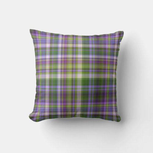 Iris Blossoms Purple and Green Plaid Throw Pillow