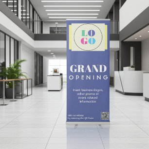 Iris Blue Grand Opening Business Logo and QR Code Retractable Banner