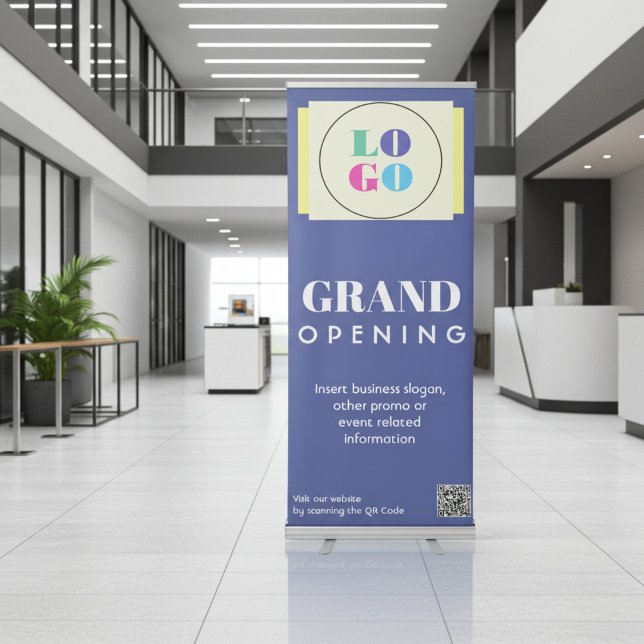 Iris Blue Grand Opening Business Logo and QR Code Retractable Banner (Creator Uploaded)