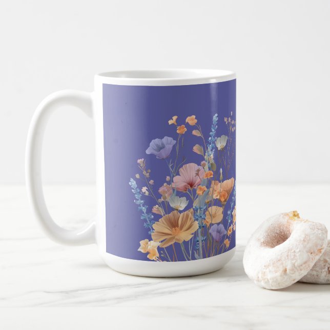 Iris Blue Purple Summer Floral Border Coffee Mug (With Donut)