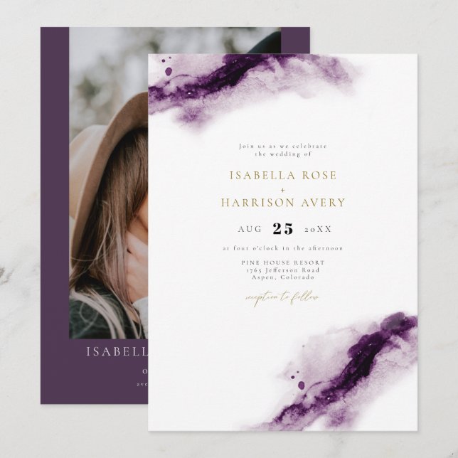IRIS | Boho Plum Purple Gold Watercolor Wedding Invitation (Front/Back)