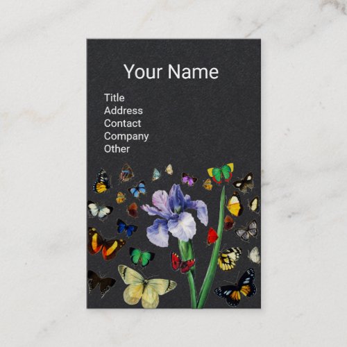 IRIS COLORFUL BUTTERFLIES Black Floral Monogram Business Card