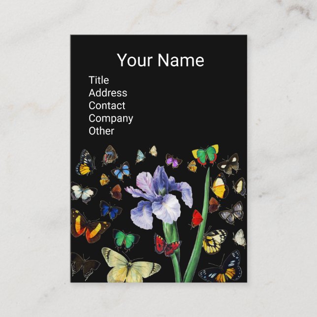 IRIS ,COLORFUL BUTTERFLIES Black Floral Monogram Business Card (Front)
