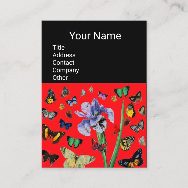 IRIS,COLORFUL BUTTERFLIES Red Black Monogram Business Card (Front)