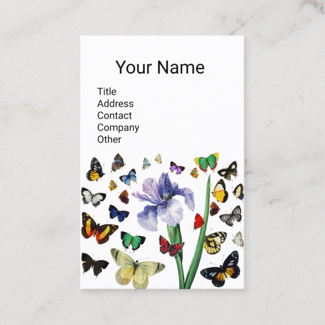 IRIS ,COLORFUL BUTTERFLIES White Floral Monogram Business Card (Front)