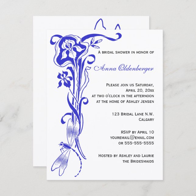 Iris & Dragonfly Royal Blue Bridal Shower Invitation (Front/Back)