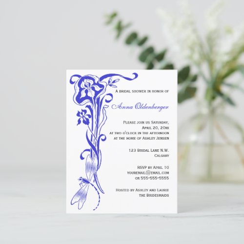 Iris &amp; Dragonfly Royal Blue Bridal Shower Invite