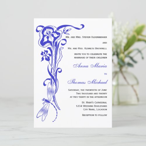 Iris &amp; Dragonfly Royal Blue Wedding Invitation