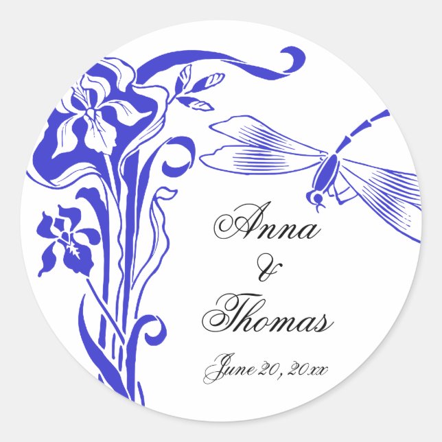 Iris & Dragonfly Royal Blue Wedding Stickers (Front)