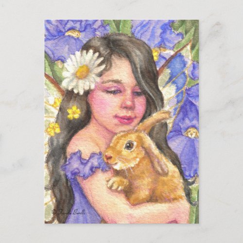 Iris Fairy cuddling cute bunny rabbit Postcard