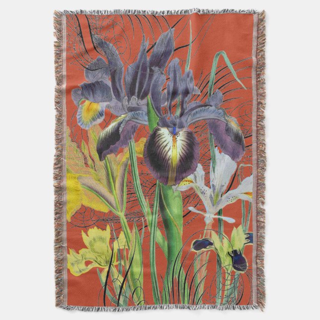 Iris Floral Fantasy Red 2.0 Throw Blanket (Front Vertical)