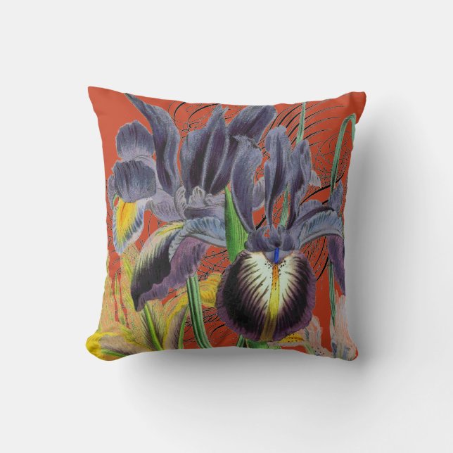 Iris Floral Fantasy Red 2.0 Throw Pillow (Front)