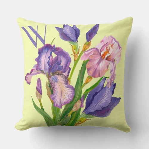 Iris Floral Pink Purple Name Yellow Throw Pillow