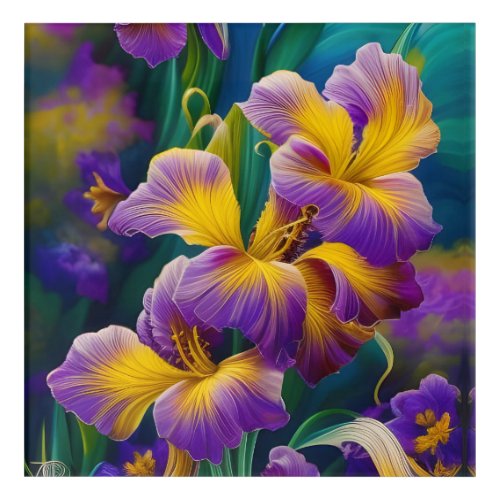 Iris Floral Purple and gold blue green leaves Acrylic Print