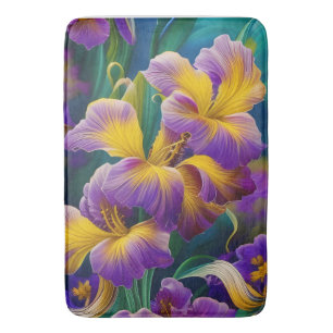 Iris Floral Purple and gold blue green leaves Bath Mat