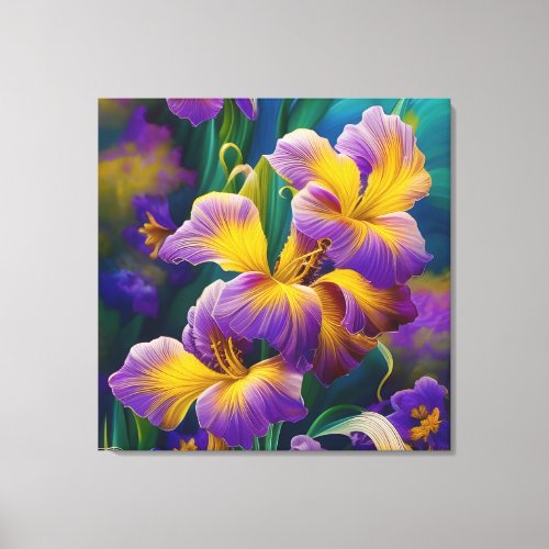 Iris Floral Purple and gold blue green leaves Canvas Print