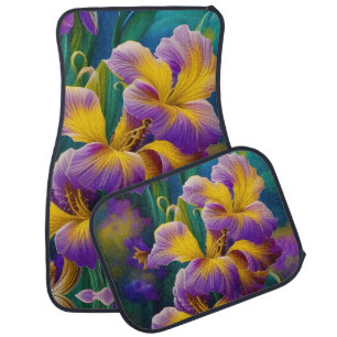 Iris Floral Purple and gold blue green leaves Car Floor Mat
