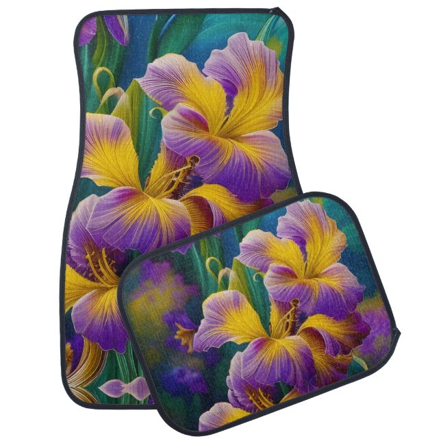 Iris Floral Purple and gold blue green leaves Car Floor Mat (Set)