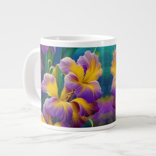 Iris Floral Purple and gold blue green leaves Giant Coffee Mug