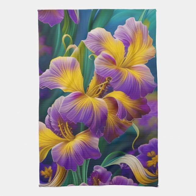 Iris Floral Purple and gold blue green leaves Kitchen Towel (Vertical)