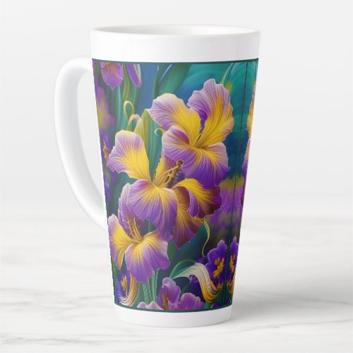 Iris Floral Purple and gold blue green leaves Latte Mug