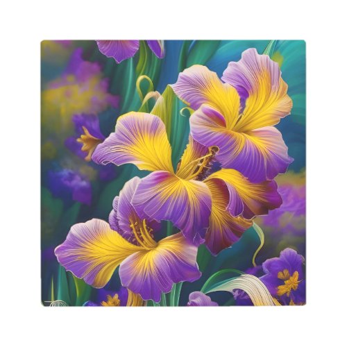 Iris Floral Purple and gold blue green leaves Metal Print