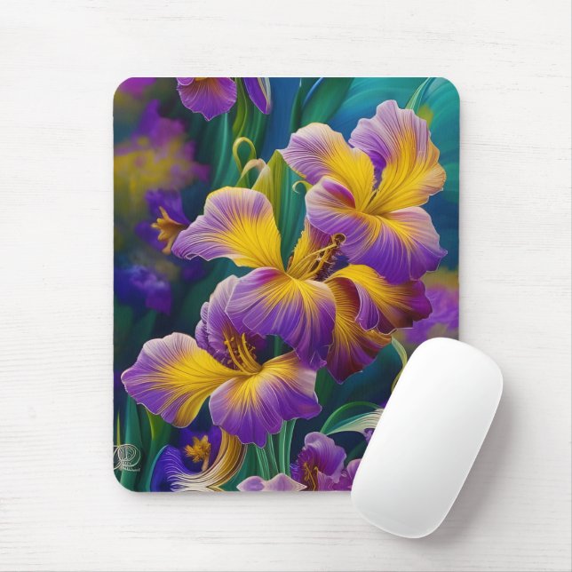 Iris Floral Purple and gold blue green leaves Mouse Pad (With Mouse)