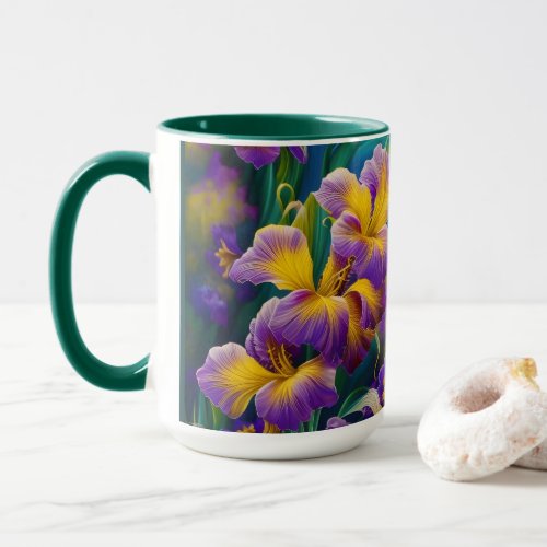 Iris Floral Purple and gold blue green leaves Mug