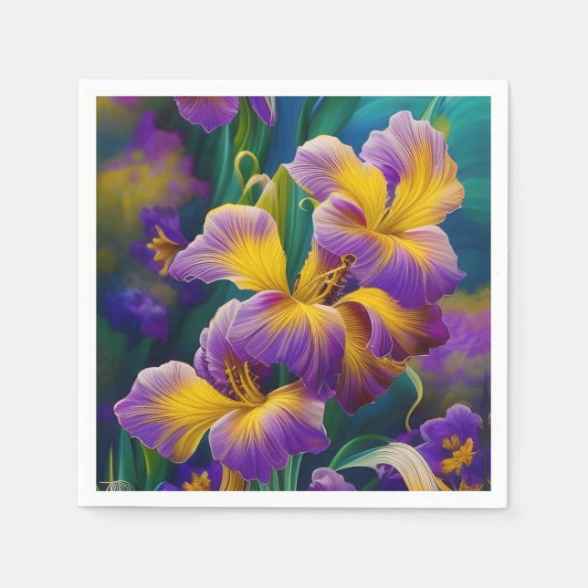 Iris Floral Purple and gold blue green leaves Napkins (Front)