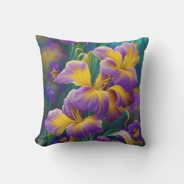 Iris Floral Purple and gold blue green leaves Outdoor Pillow (Front)