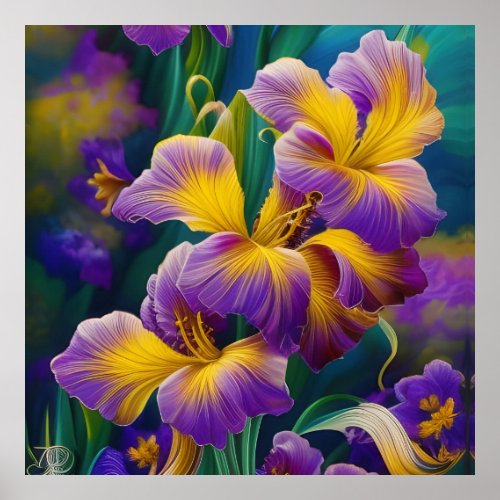 Iris Floral Purple and gold blue green leaves Poster