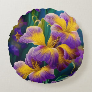 Iris Floral Purple and gold blue green leaves Round Pillow