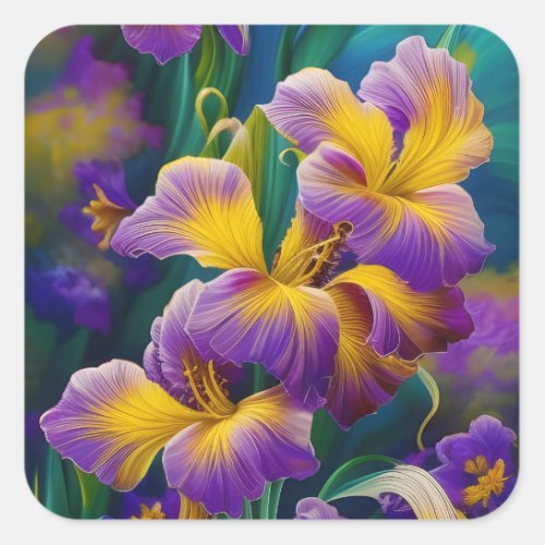 Iris Floral Purple and gold blue green leaves Square Sticker