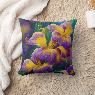 Iris Floral Purple and gold blue green leaves Throw Pillow