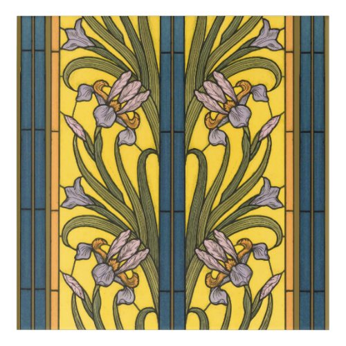 Iris Flower Art Nouveau Stained Glass Blue Gold