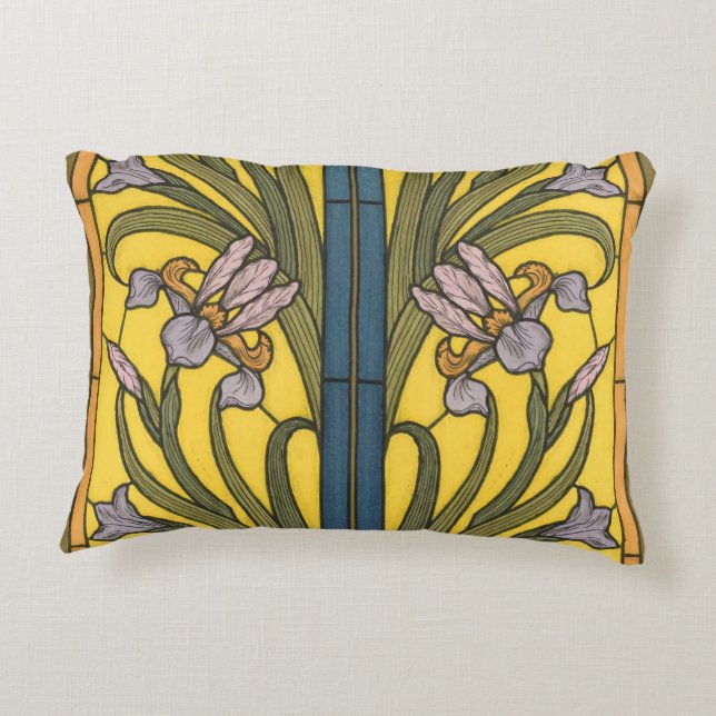 Iris Flower Art Nouveau Stained Glass Blue Gold Accent Pillow (Back)
