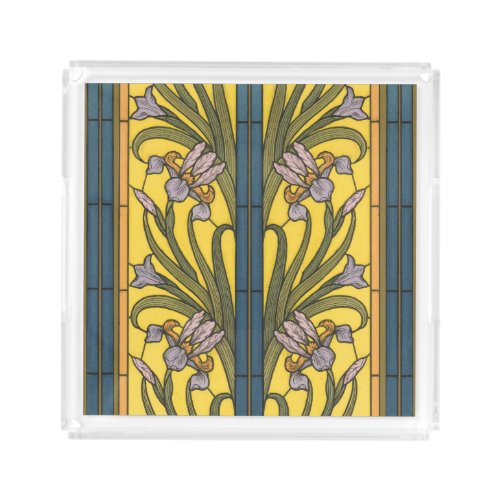 Iris Flower Art Nouveau Stained Glass Blue Gold Acrylic Tray