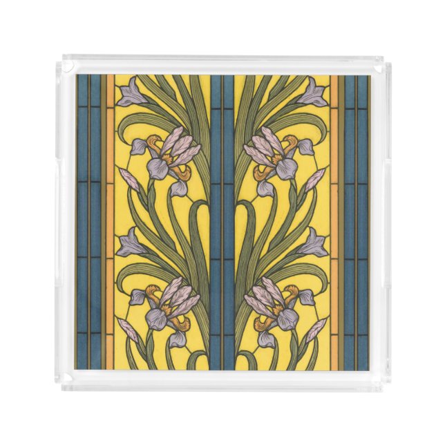 Iris Flower Art Nouveau Stained Glass Blue Gold Acrylic Tray (Front)