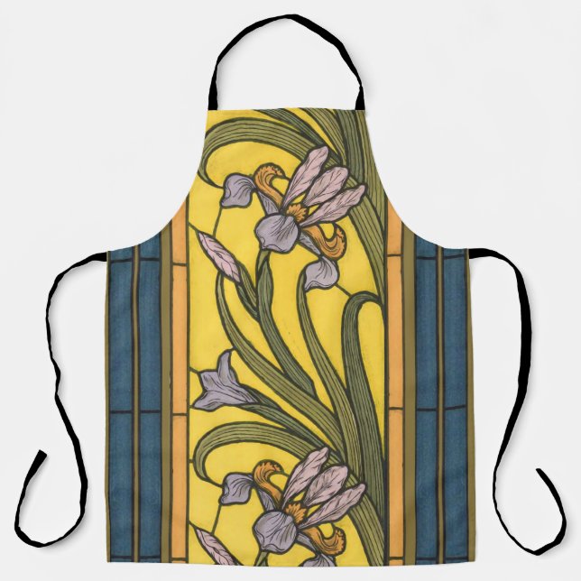 Iris Flower Art Nouveau Stained Glass Blue Gold Apron (Front)