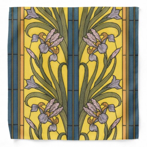 Iris Flower Art Nouveau Stained Glass Blue Gold Bandana