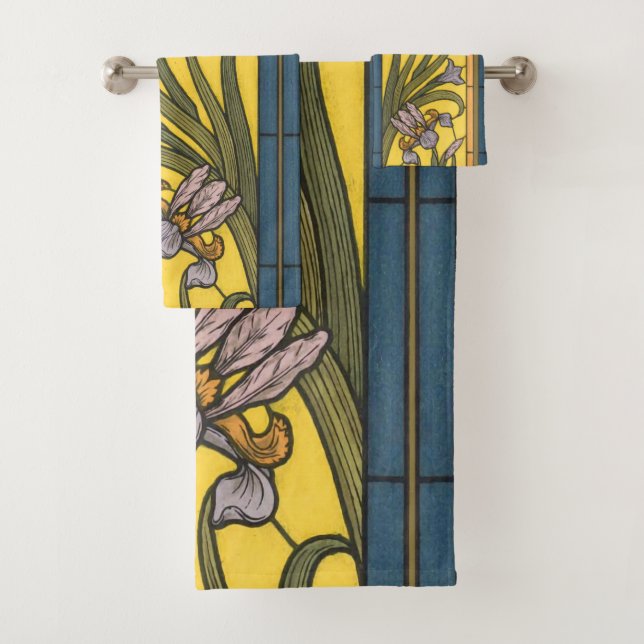 Iris Flower Art Nouveau Stained Glass Blue Gold Bath Towel Set (Insitu)