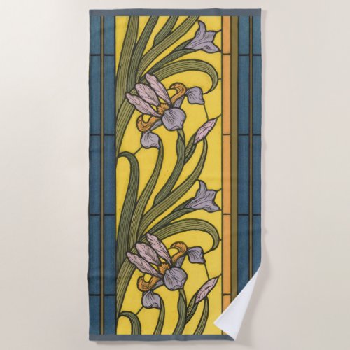 Iris Flower Art Nouveau Stained Glass Blue Gold Beach Towel