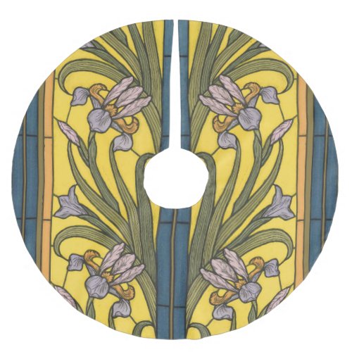 Iris Flower Art Nouveau Stained Glass Blue Gold Brushed Polyester Tree Skirt