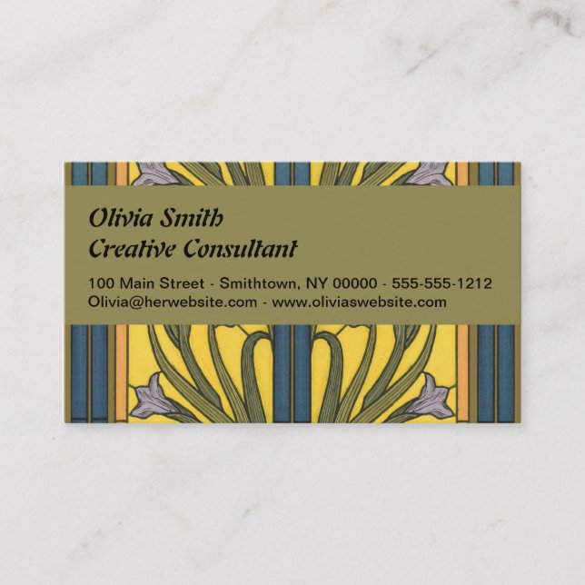 Iris Flower Art Nouveau Stained Glass Blue Gold Business Card (Front)
