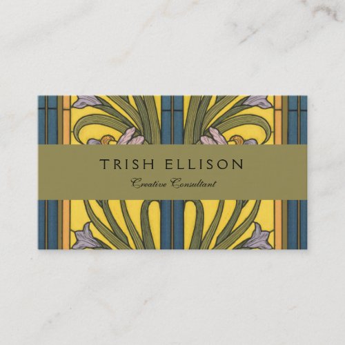 Iris Flower Art Nouveau Stained Glass Blue Gold Business Card