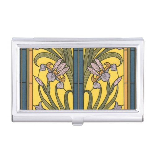 Iris Flower Art Nouveau Stained Glass Blue Gold Business Card Case